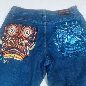 Vintage Y2K Tiki Embroidered COOGI Jeans 38x25 Baggy Wide Fit Streetwear *Hemmed